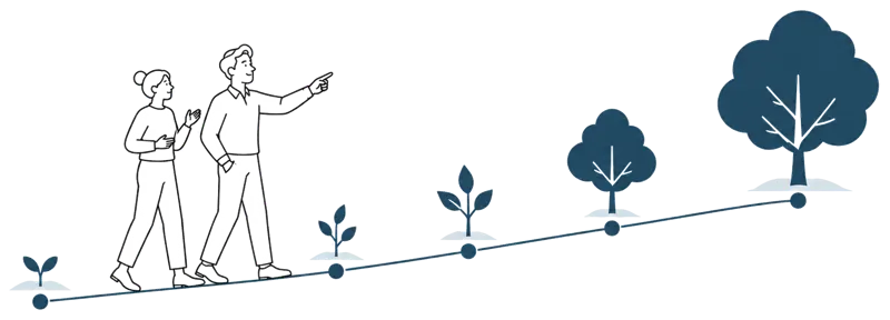 芽から大きな木へ育つ道を歩く人たち